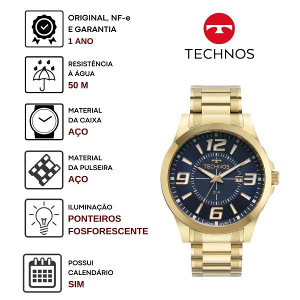 Imagem de Relógio de Pulso Technos Performance Masculino Causal Analógico Aço Inóx Dourado 2115NBI/1A