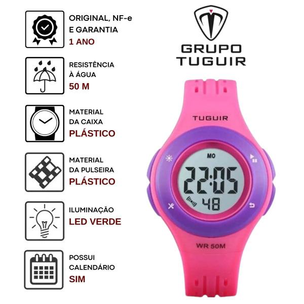 Imagem de Relógio de Pulso Tuguir Feminino Infantil Prova Dágua Alarme Calendário Cronômetro Digital Rosa TG30079 +  Massinha Slime Amoeba Geleca