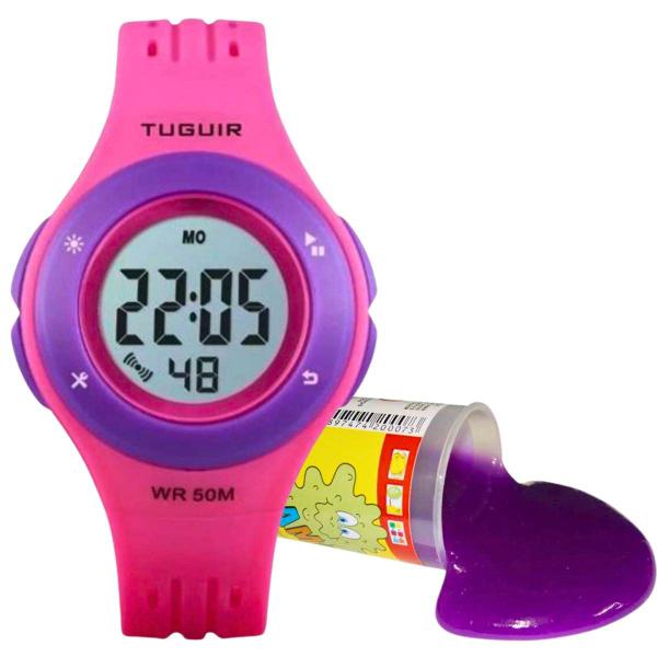 Imagem de Relógio de Pulso Tuguir Feminino Infantil Prova Dágua Alarme Calendário Cronômetro Digital Rosa TG30079 +  Massinha Slime Amoeba Geleca