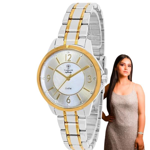 Imagem de Relógio de Pulso Tuguir Feminino Infinity Analógico Aço Inóx Casual Redondo Prata e Dourado TGI37050