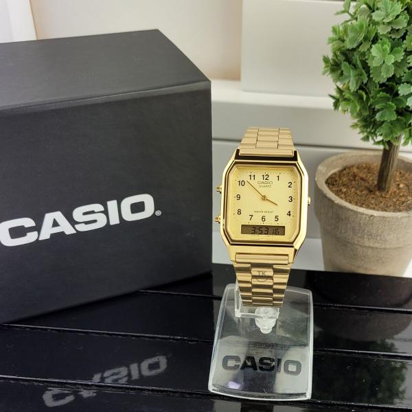 Imagem de Relógio de pulso Unissex Casio Vintage Analógico Digital Masculino Feminino Retro Pulseira em Aço Inóx Dourado AQ-230GA