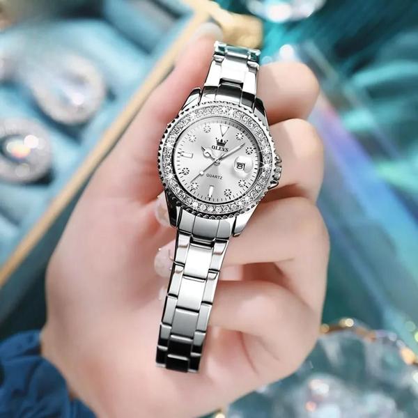 Imagem de Relógio de Quartzo Feminino Elegante - Mostrador com Diamantes e Aço Inoxidável à Prova D'água