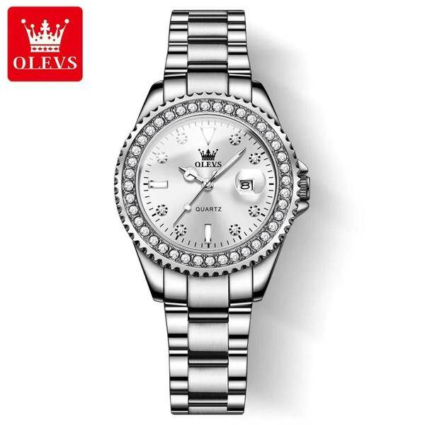 Imagem de Relógio de Quartzo Feminino Elegante - Mostrador com Diamantes e Aço Inoxidável à Prova D'água