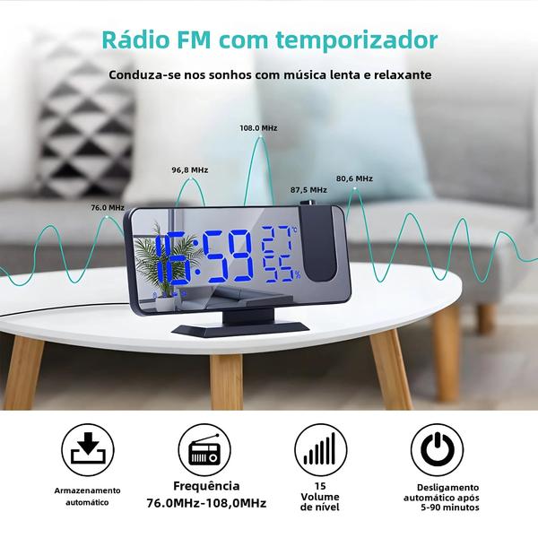 Imagem de Relógio Despertador com Projetor de LED Digital - Rádio FM e Função Mute