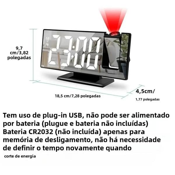 Imagem de Relógio Despertador Digital com Projeção de 180° - USB, Snooze e Temperatura