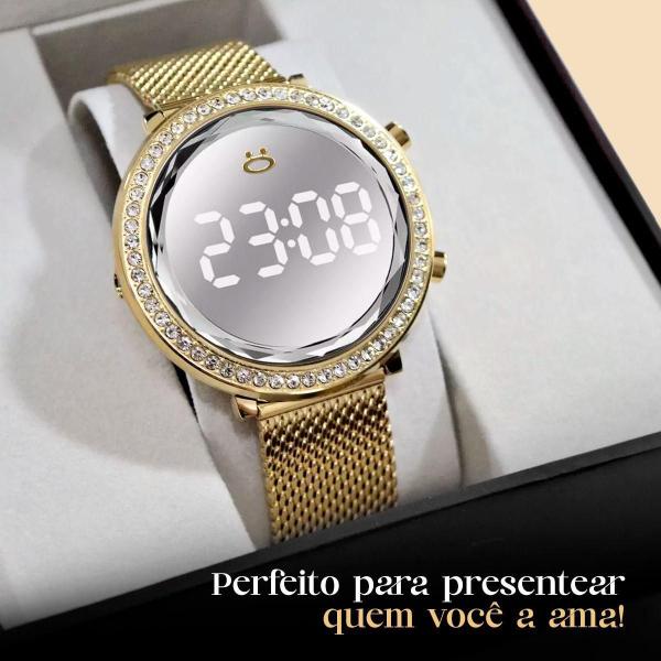 Imagem de Relogio Digital Aço Feminino + Caixa + Colar Brinco Strass