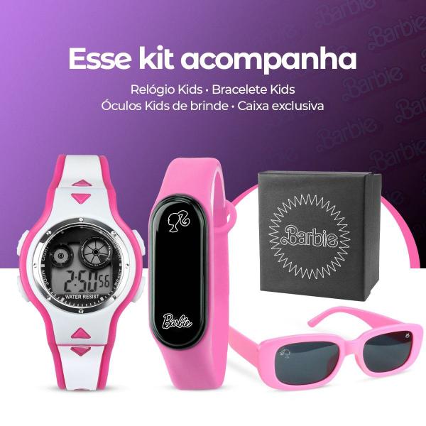 Imagem de relogio digital barbie infantil rosa + oculos sol + caixa ajustavel criança alarme menina esportivo