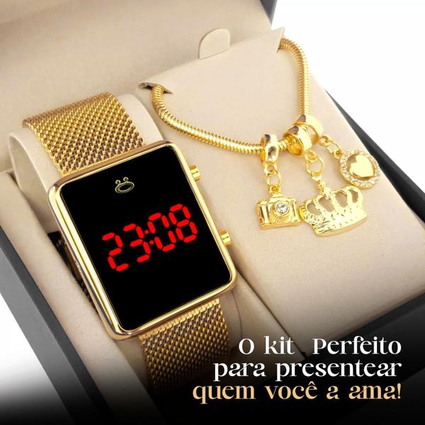 Imagem de Relógio Digital de Pulso Femino Dourado Espelhado + Pulseira Pandora Banhado 18k