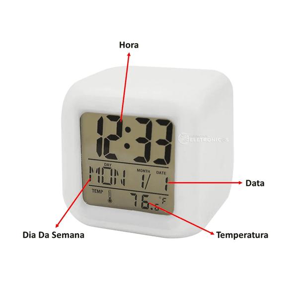 Imagem de Relógio Digital Despertador Alarme 7 Leds Marca Hora Data Semana E Temperatura DT2090 ZB1008