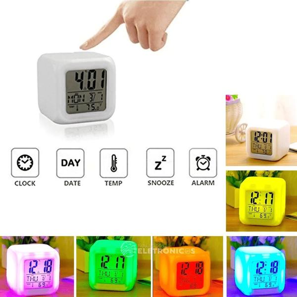 Imagem de Relógio Digital Despertador Alarme Com 7 Leds Colorido Luminária DT2090