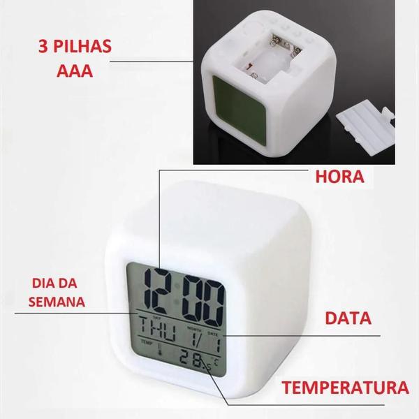 Imagem de Relógio Digital Despertador Cubo Colorido 7 Led Luz Alarme