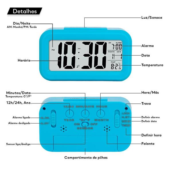Imagem de Relógio Digital Despertador Retangular Mesa Cabeceira Azul