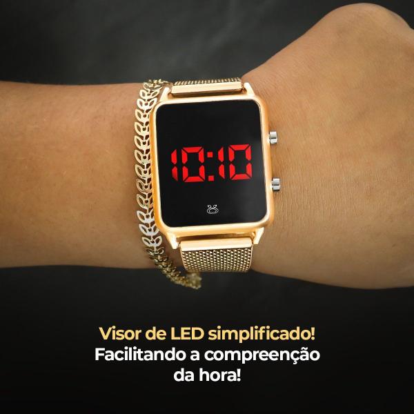 Imagem de relogio digital feminino + colar brinco + pulseira + caixa dourado qualidade premium social casual