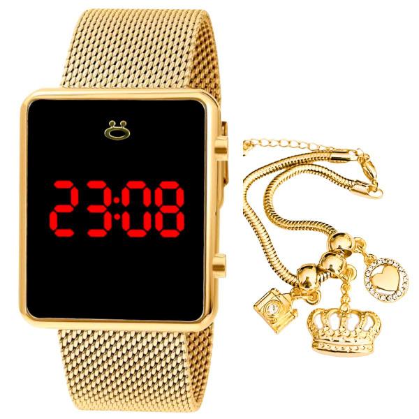 Imagem de Relogio digital feminino dourado na caixa + pulseira aço inox presente casual mulher mãe original