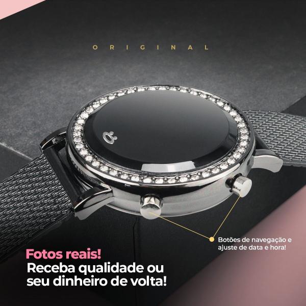 Imagem de Relógio Digital Feminino em Aço Inox Preto com Strass - Pulseira Silicone Ajustável - Qualidade Premium - Orizom