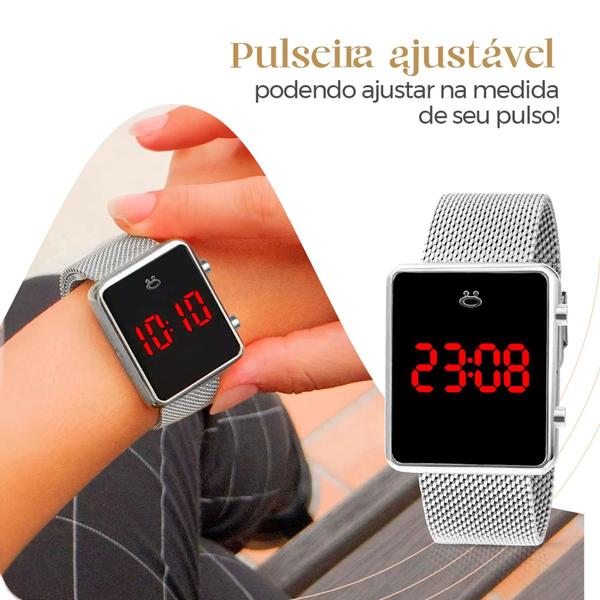 Imagem de Relógio Digital Feminino Preto Prata Dourado Orginal Quadrado + Pulseira Ajustável Delicada + Caixa