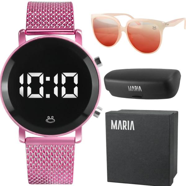 Imagem de Relógio Digital Feminino Rosa Aço Inoxidável Pulseira Silicone Óculos Sol Rosa em Acetato Proteção UV 