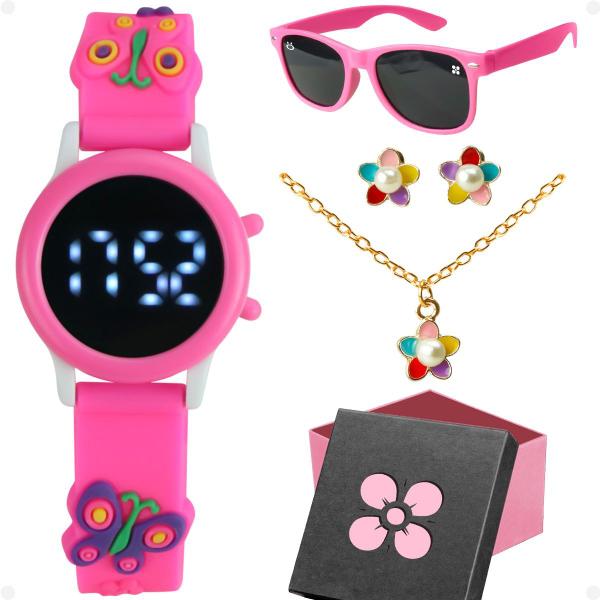 Imagem de relogio digital infantil + brinco colar + oculos sol proteçao uv criança rosa caixa menina presente