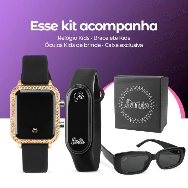 Imagem de Relogio digital infantil preto strass + oculos sol + caixa menina + relogio bracelete led criança