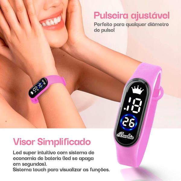 Imagem de relogio digital infantil rosa barbie prova dagua pink criança menina pulseira ajustavel silicone