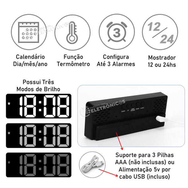 Imagem de Relógio Digital LED Alarme Eletrônico, Data e Termômetro Números super brilhantes   ZB4004
