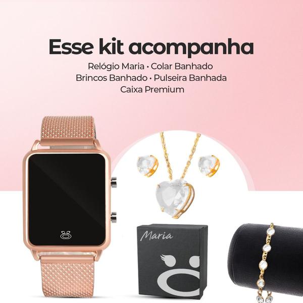 Imagem de Relógio Digital Led Feminino Dourado Rose + Kit Colar Brinco Banhado Ouro