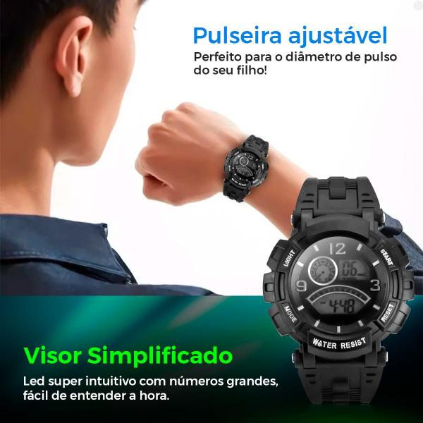 Imagem de relogio digital led infantil silicone preto criança + caixa KIDS alarme silicone ajustavel presente