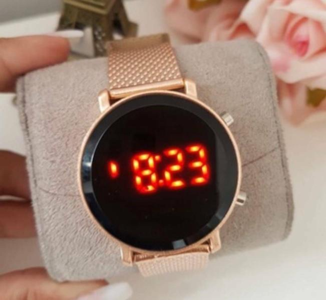 Imagem de Relógio Digital Led Luxo Feminino Unissex Redondo Pulseira Silicone Dourado Rose Gold Prata Preto Moda Blogueira