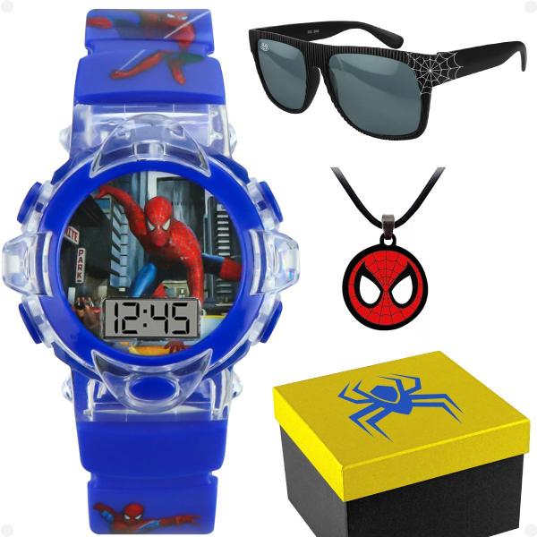 Imagem de relogio digital menino infantil + caixa + oculos sol + colar luz silicone homem aranha menino azul