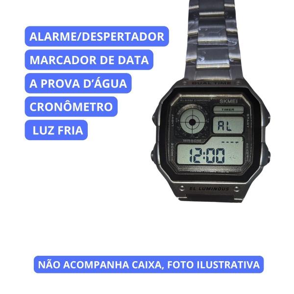 Imagem de Relógio Digital Prata Prova DÁgua 50m Cronômetro Data Alarme