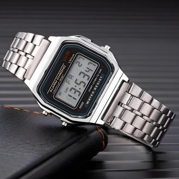 Imagem de Relógio Digital Unissex Vintage Feminino Masculino Retro Aço Visor Led Calendario Alarme