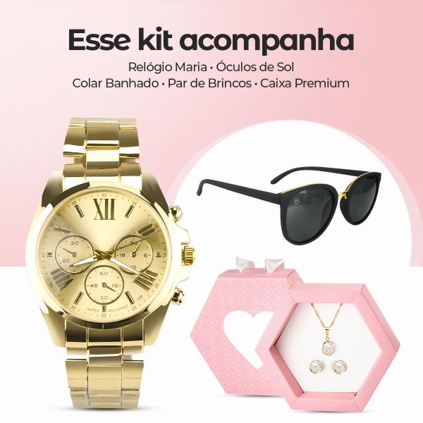 Imagem de Relogio dourado aço inox + oculos de sol + colar e brincos aço inoxidavel casual original presente