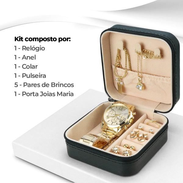 Imagem de Relogio dourado banhado + colar + pulseira + brincos social presente qualidade premium original