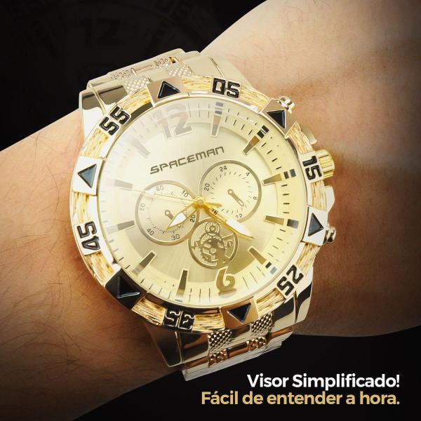 Imagem de Relogio Dourado Masculino + Cordão + Pulseira Aço Inoxidável