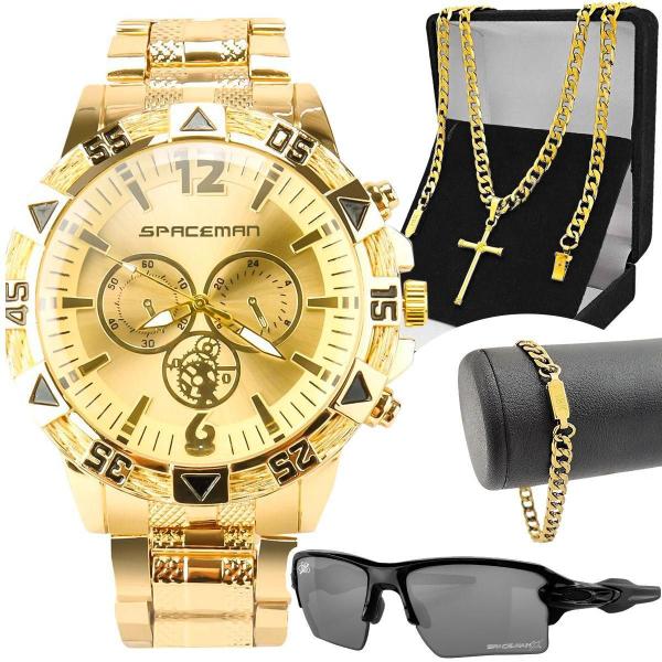 Imagem de Relogio Dourado Masculino + Cordão + Pulseira Aço Inoxidável