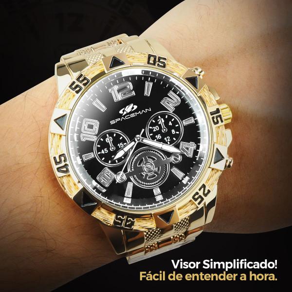 Imagem de relogio dourado masculino + cordão + pulseira qualidade premium ouro original aço inoxidável social