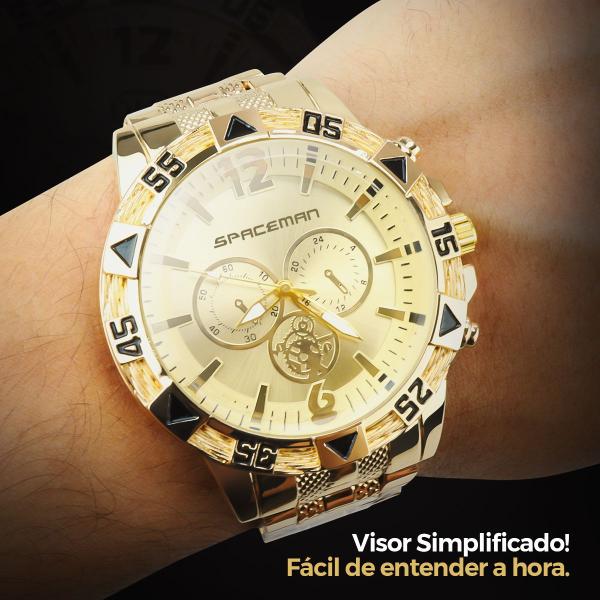 Imagem de Relogio dourado masculino + cordão + pulseira social aço inoxidável casual proteção uv presente ouro