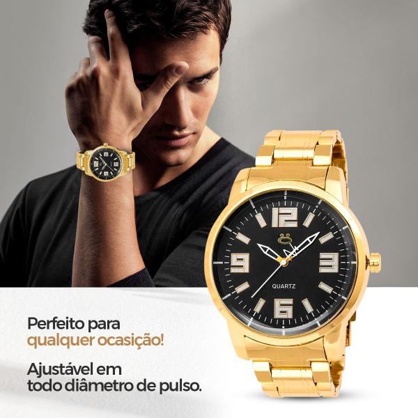 Imagem de Relógio Dourado Masculino Ponteiro + Cordão Robusto Mostrador Preto Luxo Pesado Original