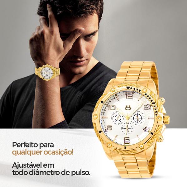 Imagem de relogio dourado masculino + pulseira caixa + cordao grumet masculino original qualidade premium