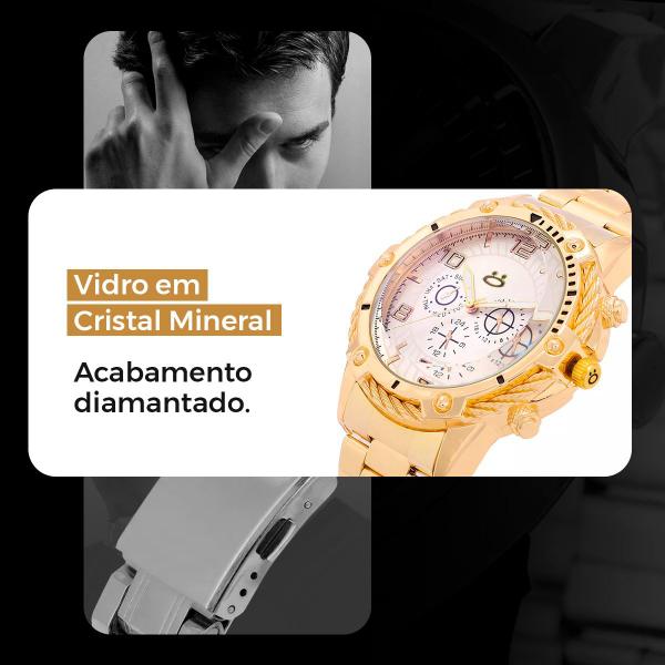 Imagem de relogio dourado masculino + pulseira caixa + grumet cordao aço inoxidavel ponteiro original robusto