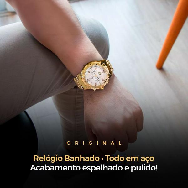 Imagem de relogio dourado masculino + pulseira caixa + grumet cordao social pesado casual masculino ponteiro