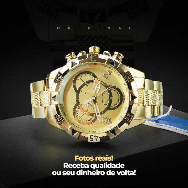 Imagem de Relógio Dourado Prova D'água + Pulseira + Corrente + Caixa - Banhado a Ouro - Orizom