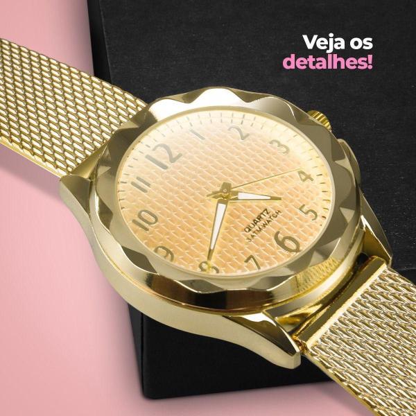 Imagem de Relogio Dourado Prova Dagua Feminino + Relogio Aço Silicone