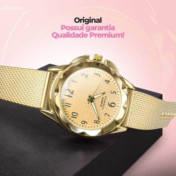 Imagem de Relogio dourado prova dagua feminino + relogio aço silicone pulseira ajustavel presente casual preto