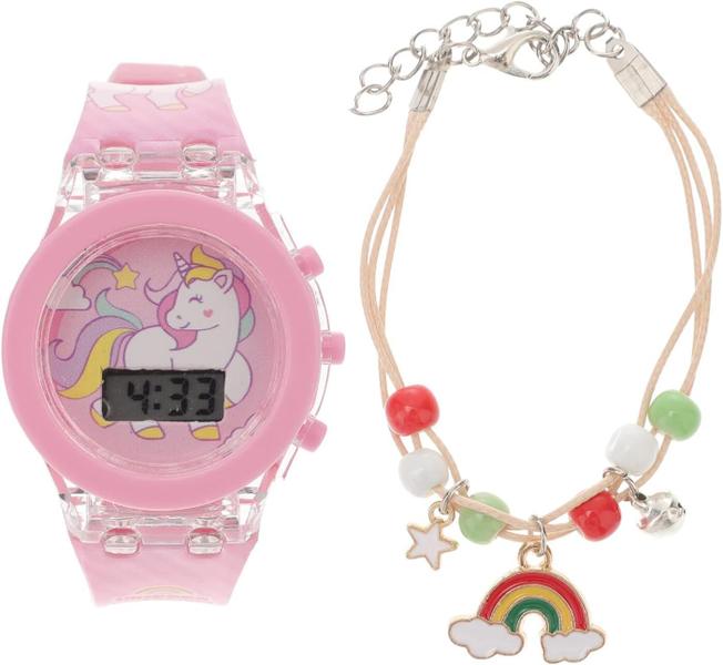 Imagem de Relogio e Pulseira Infantil Digitail Feminino de Desenho Animado Unicornio Luminoso