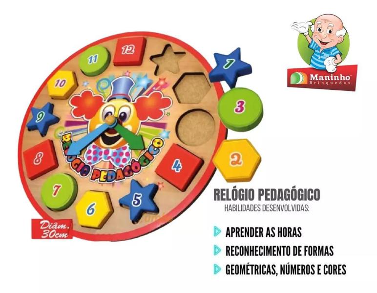 Imagem de Relógio Educativo Pedagógico Aprendendo As Horas Em Madeira