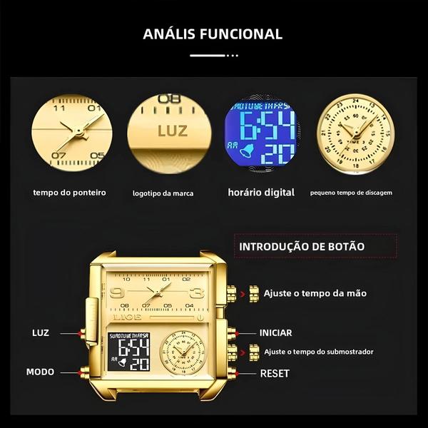 Imagem de Relógio Esportivo Masculino Lige - Luxuoso, Dourado, À Prova D'Água e com Display Duplo