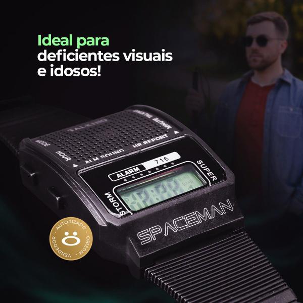Imagem de relogio fala hora original pulseira ajustavel deficiente visual preto presente original casual