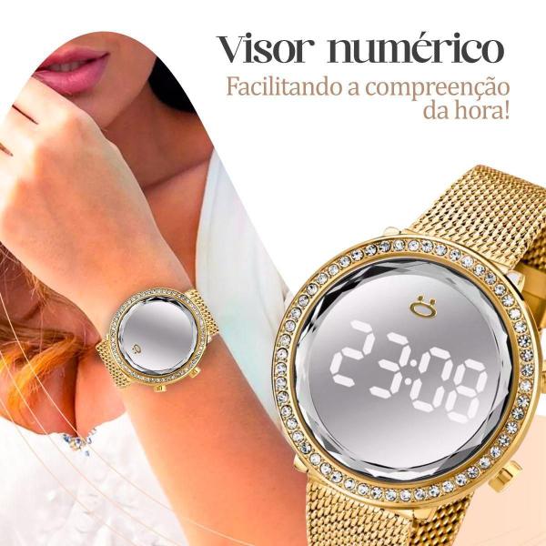 Imagem de Relogio Feminino Aço Digital + Colar Strass Brinco + Caixa