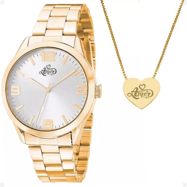 Imagem de Relogio feminino aço dourado + colar coração amor moda edição limitada qualidade premium social